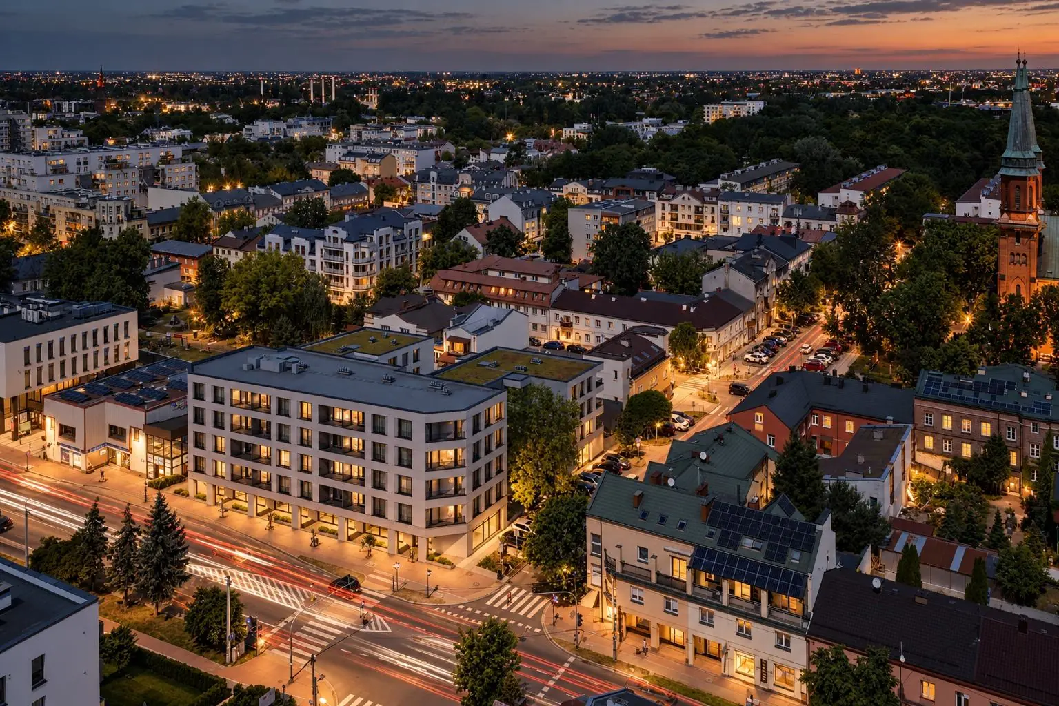 Berenta 18 w centrum Pruszkowa, widok z lotu ptaka wieczorem
